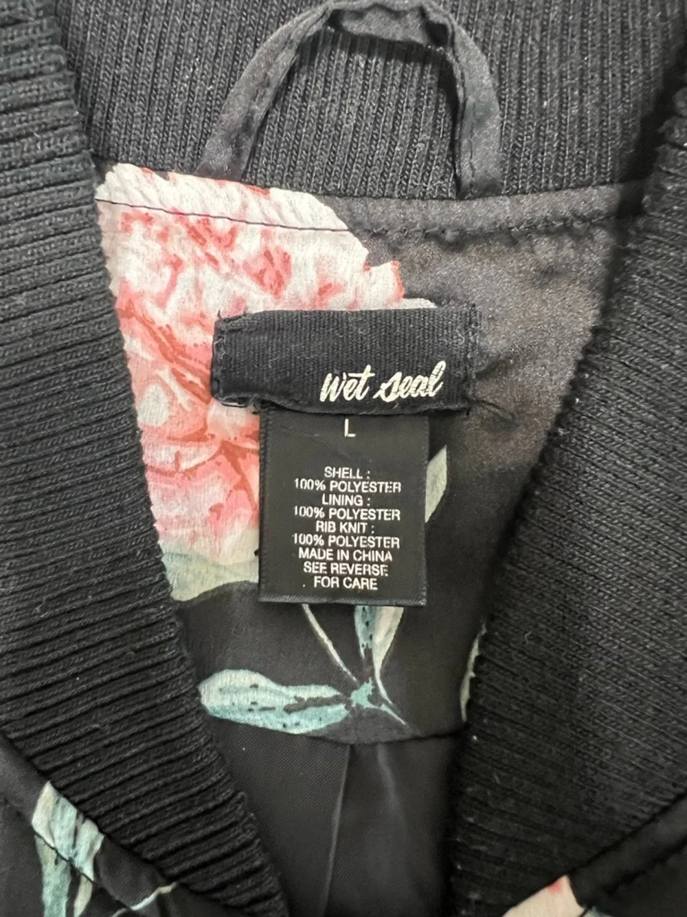 Wet Seal Floral Satin Bomber Jacket Black Pink Roses Size Large